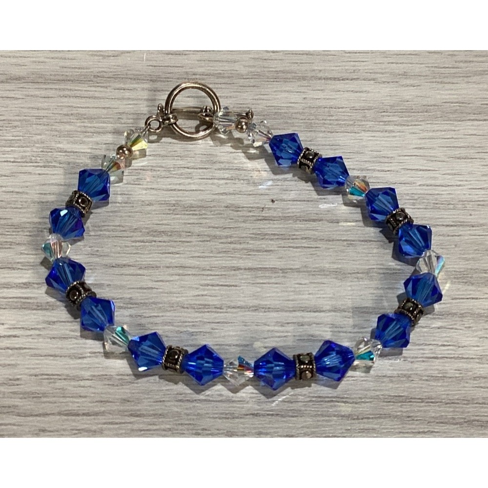 Silvertone Bracelet w/Blue & Clear Beads Textured